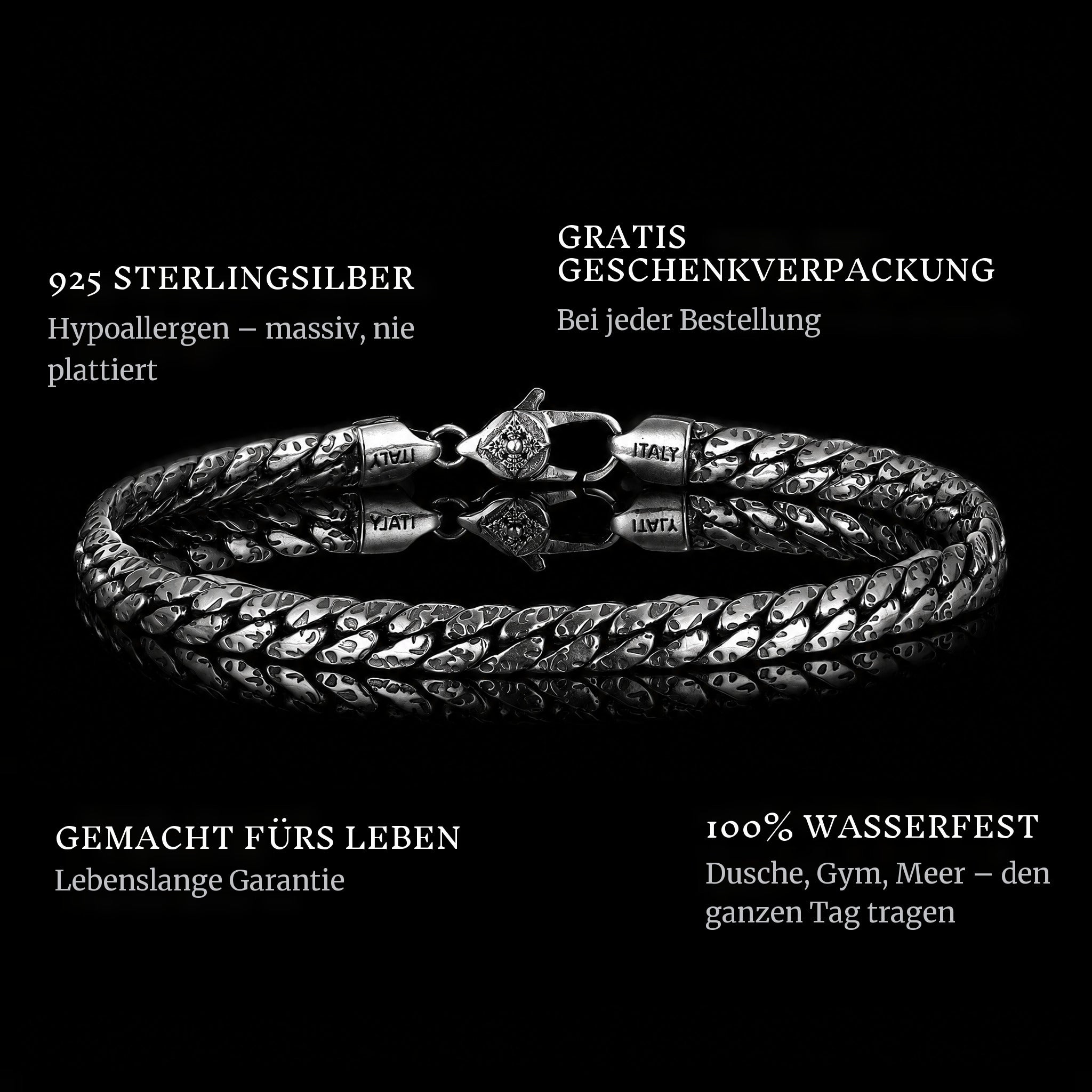 Woven Legacy features: 925 sterling silver, free gift packaging, 100% waterproof, lifetime guarantee
