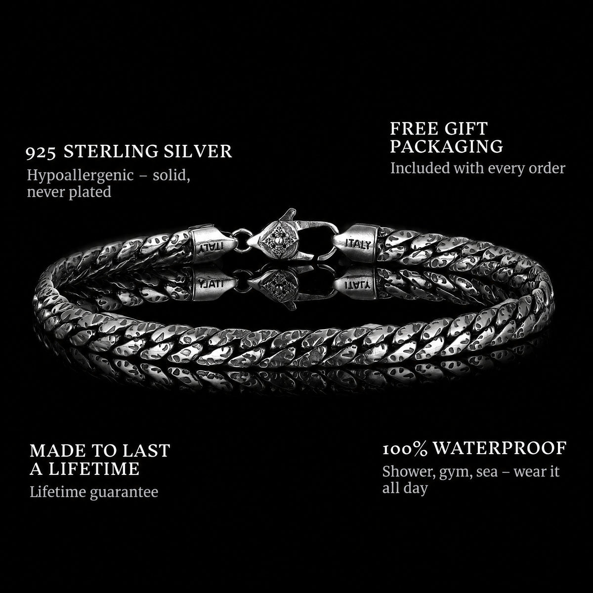 Woven Legacy features: 925 sterling silver, free gift packaging, 100% waterproof, lifetime guarantee