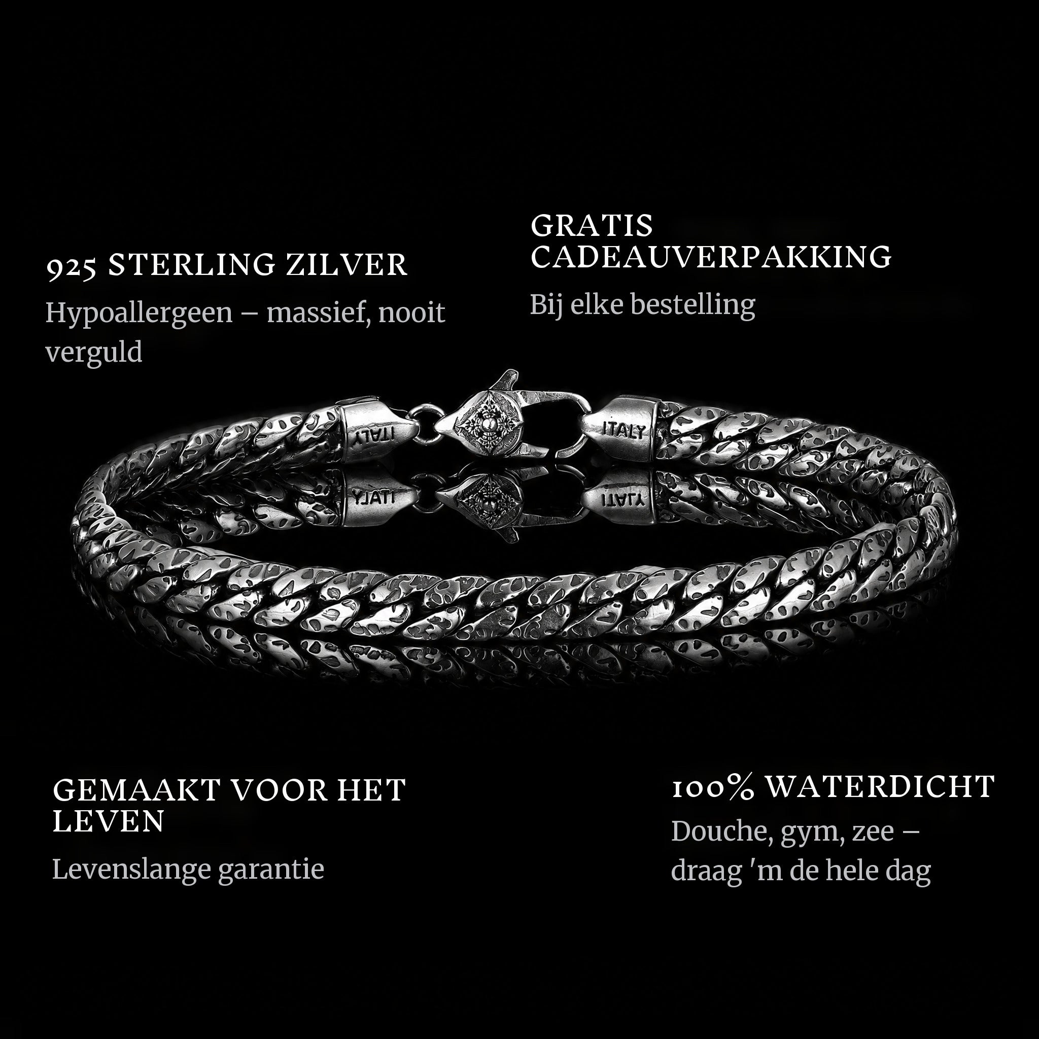 Woven Legacy features: 925 sterling silver, free gift packaging, 100% waterproof, lifetime guarantee