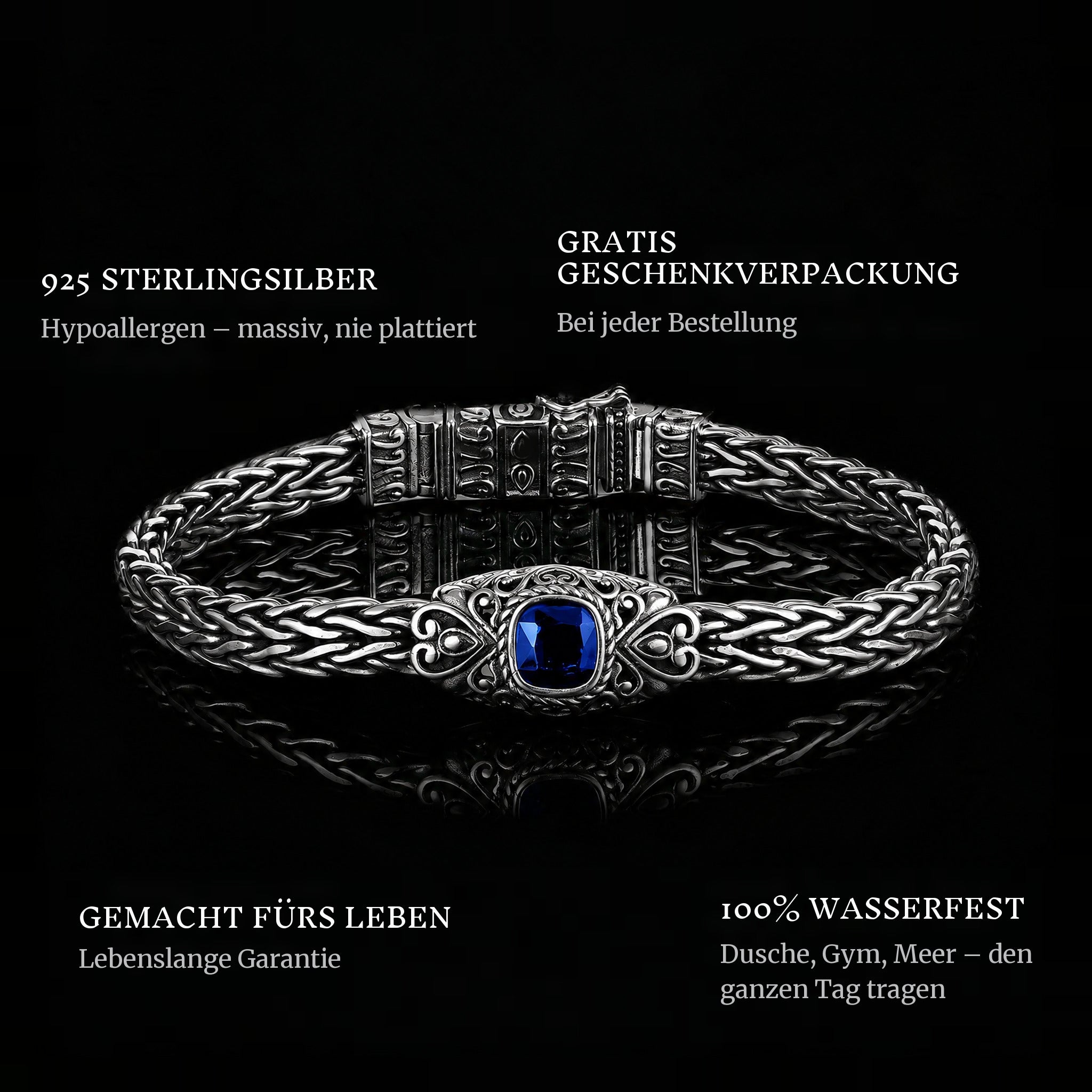 Woven Legend features: 925 sterling silver, free gift packaging, 100% waterproof, lifetime guarantee