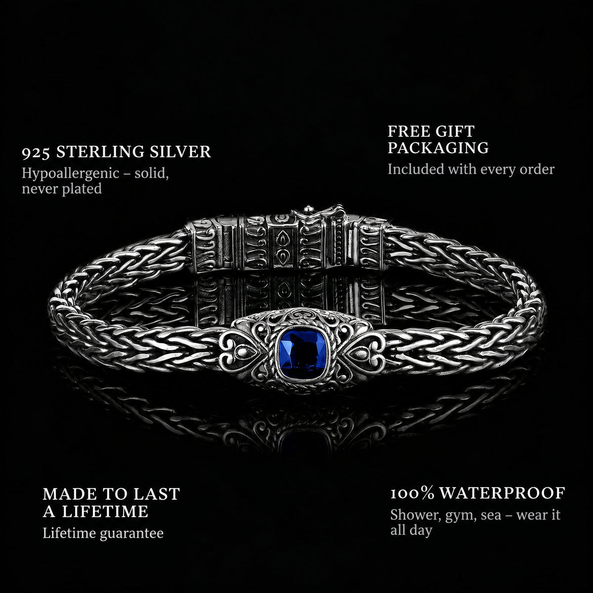Woven Legend features: 925 sterling silver, free gift packaging, 100% waterproof, lifetime guarantee