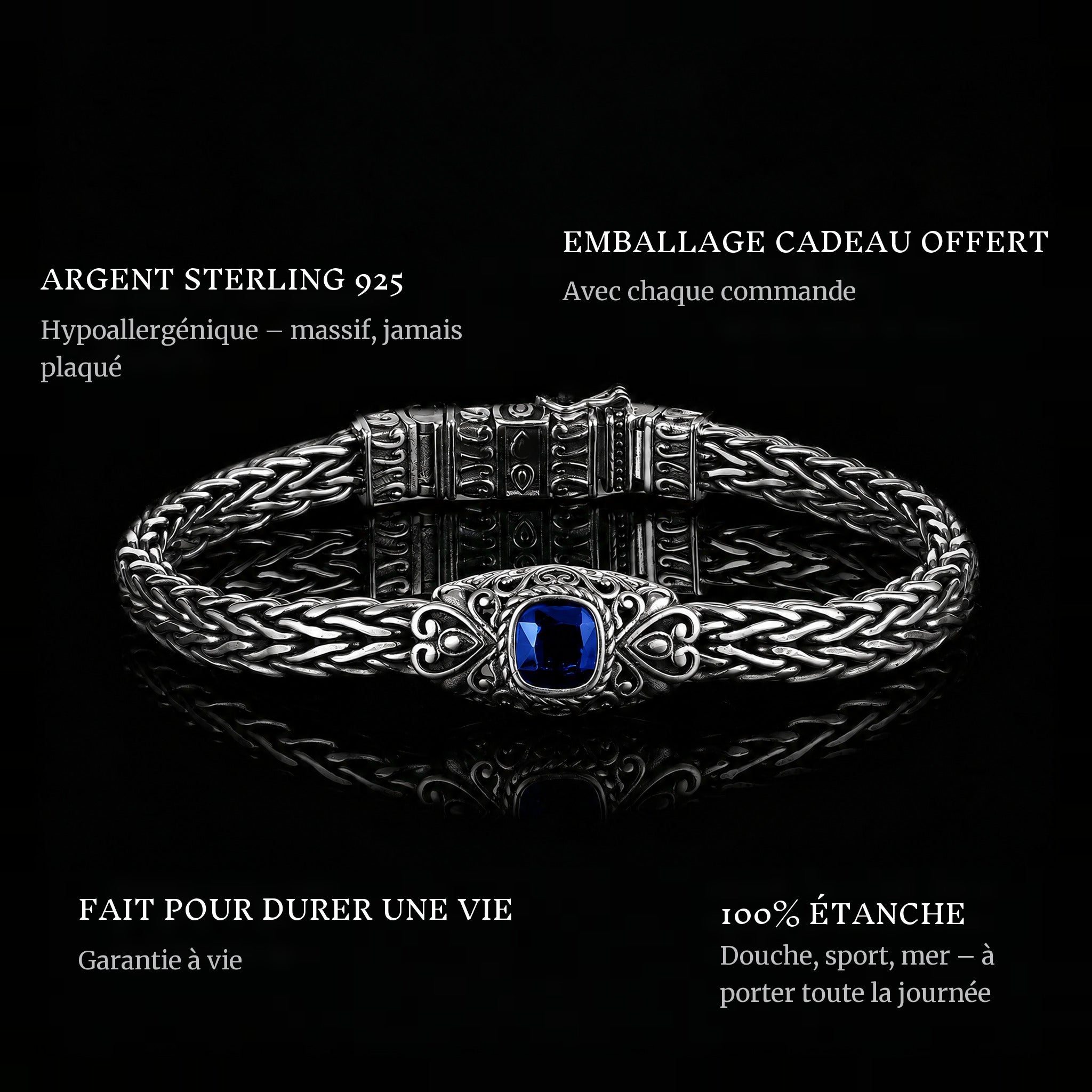 Woven Legend features: 925 sterling silver, free gift packaging, 100% waterproof, lifetime guarantee
