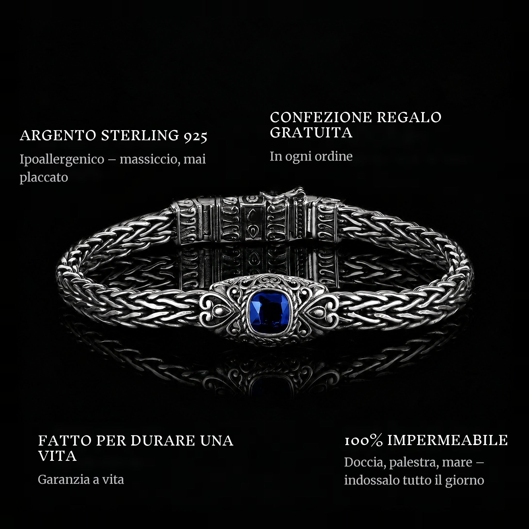 Woven Legend features: 925 sterling silver, free gift packaging, 100% waterproof, lifetime guarantee
