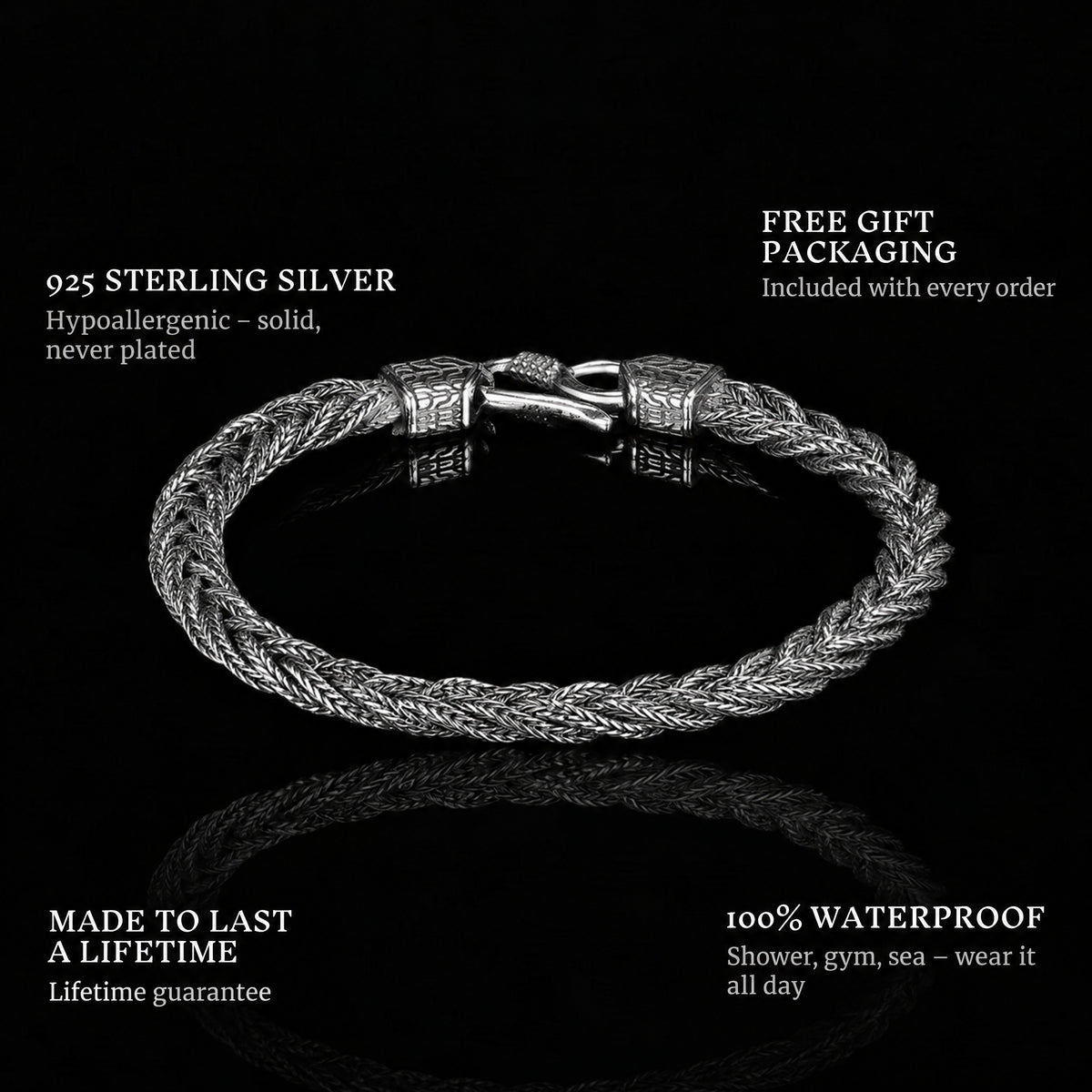 Woven Vikings features: 925 sterling silver, free gift packaging, 100% waterproof, lifetime guarantee
