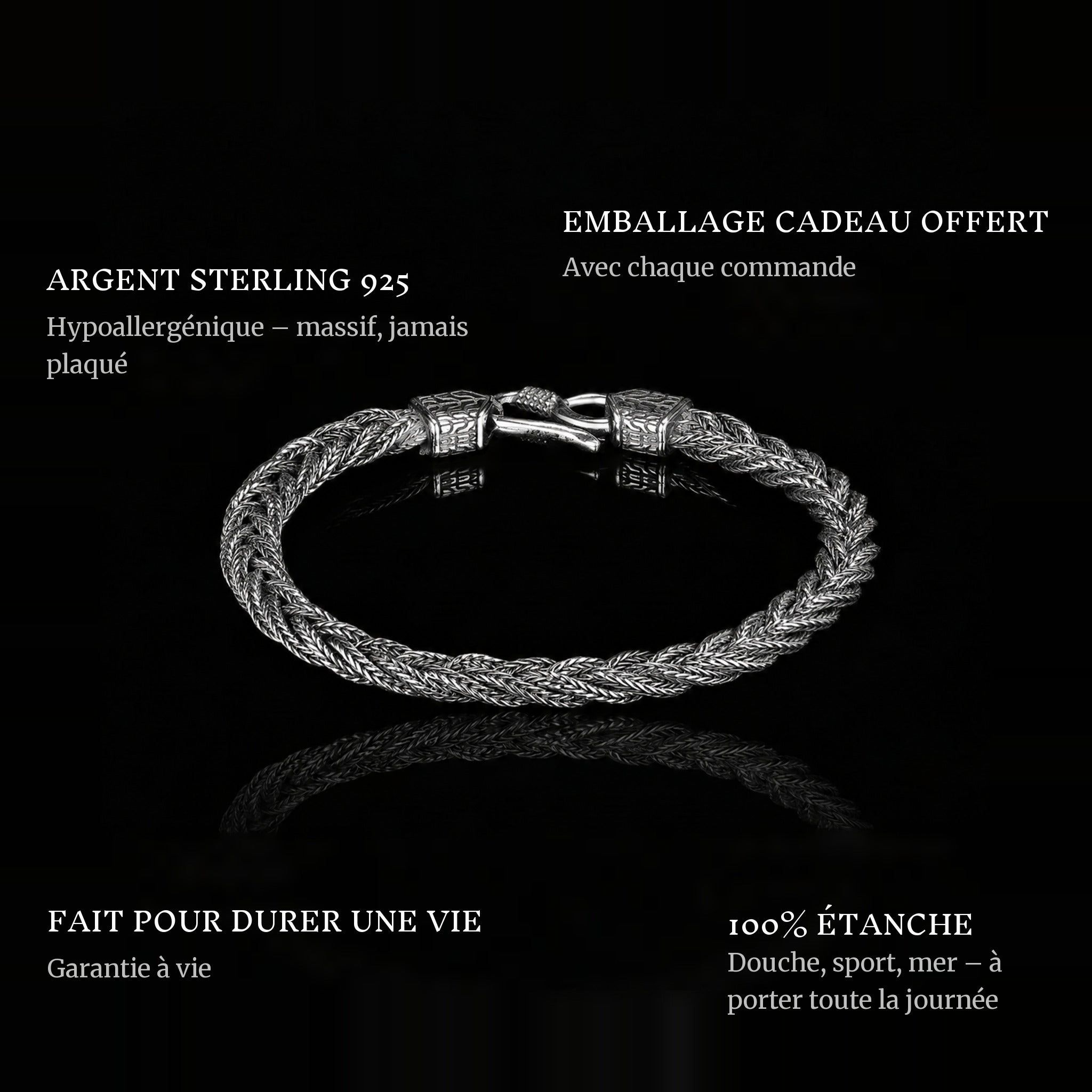 Woven Vikings features: 925 sterling silver, free gift packaging, 100% waterproof, lifetime guarantee