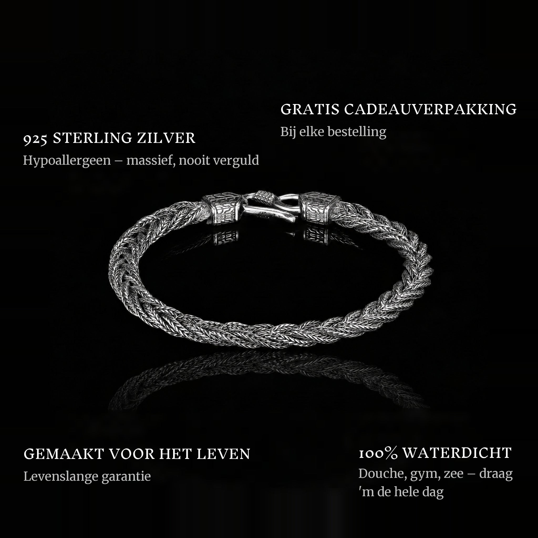 Woven Vikings features: 925 sterling silver, free gift packaging, 100% waterproof, lifetime guarantee